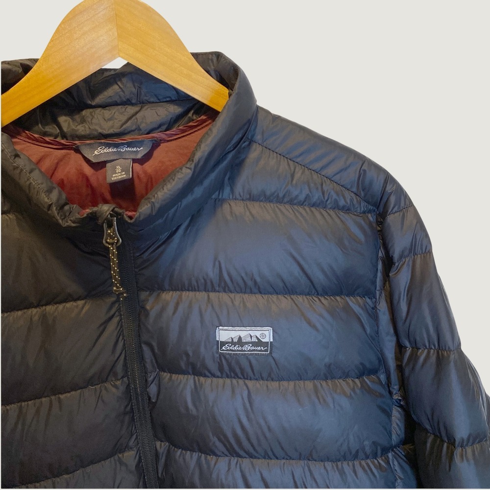 Eddie Bauer Puffer Jacket Mens XL Navy Blue Excellent Down Fill Quilted Zip